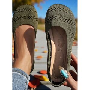 Olive Green Knit Ballet Flats Slip On Comfort Shoes Womens